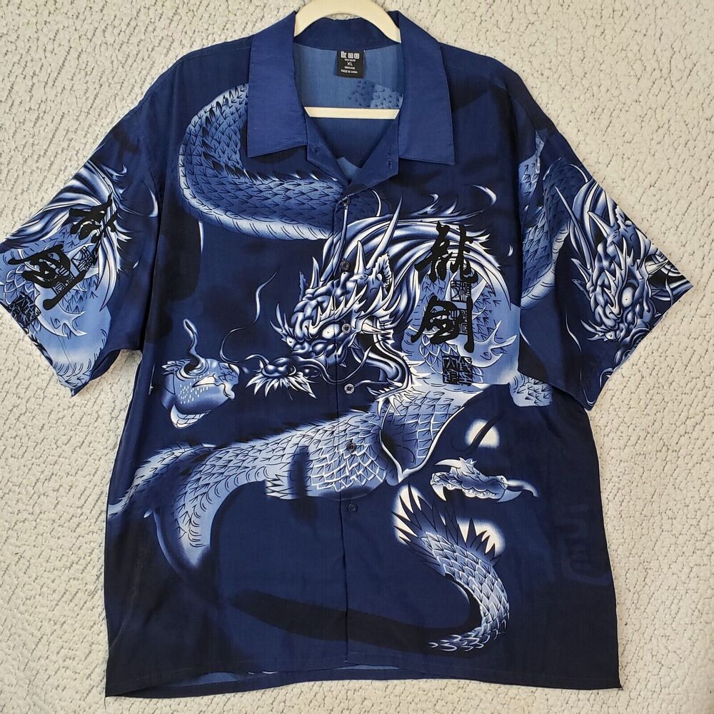 KNU Gear Mens Shirt XL Button Front Short Sleeve All Over Dragon Graphic 52x30